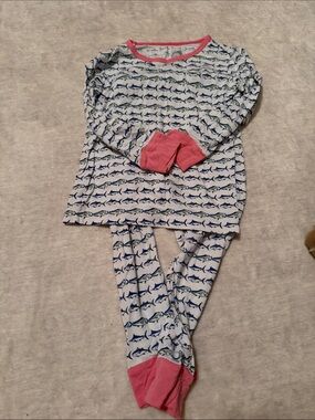 Kids fish Print Pajama Set in White, Blue & Pink Trim